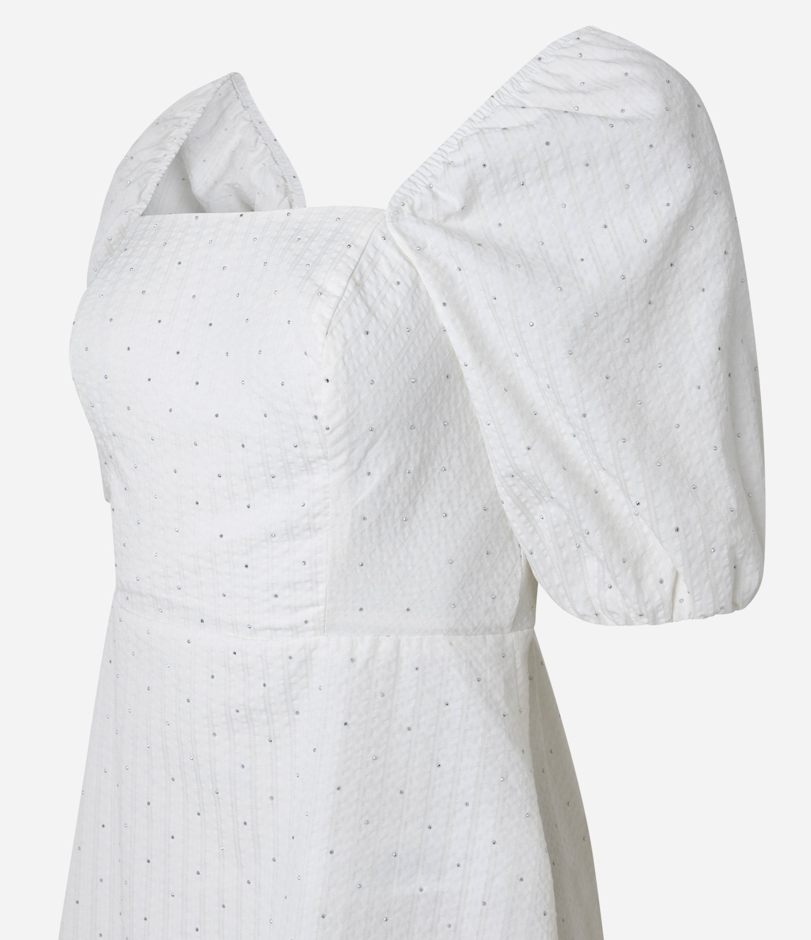 Vestido Curto em Tricoline Listrado com Manga Bufante e Brilhinhos Branco 2