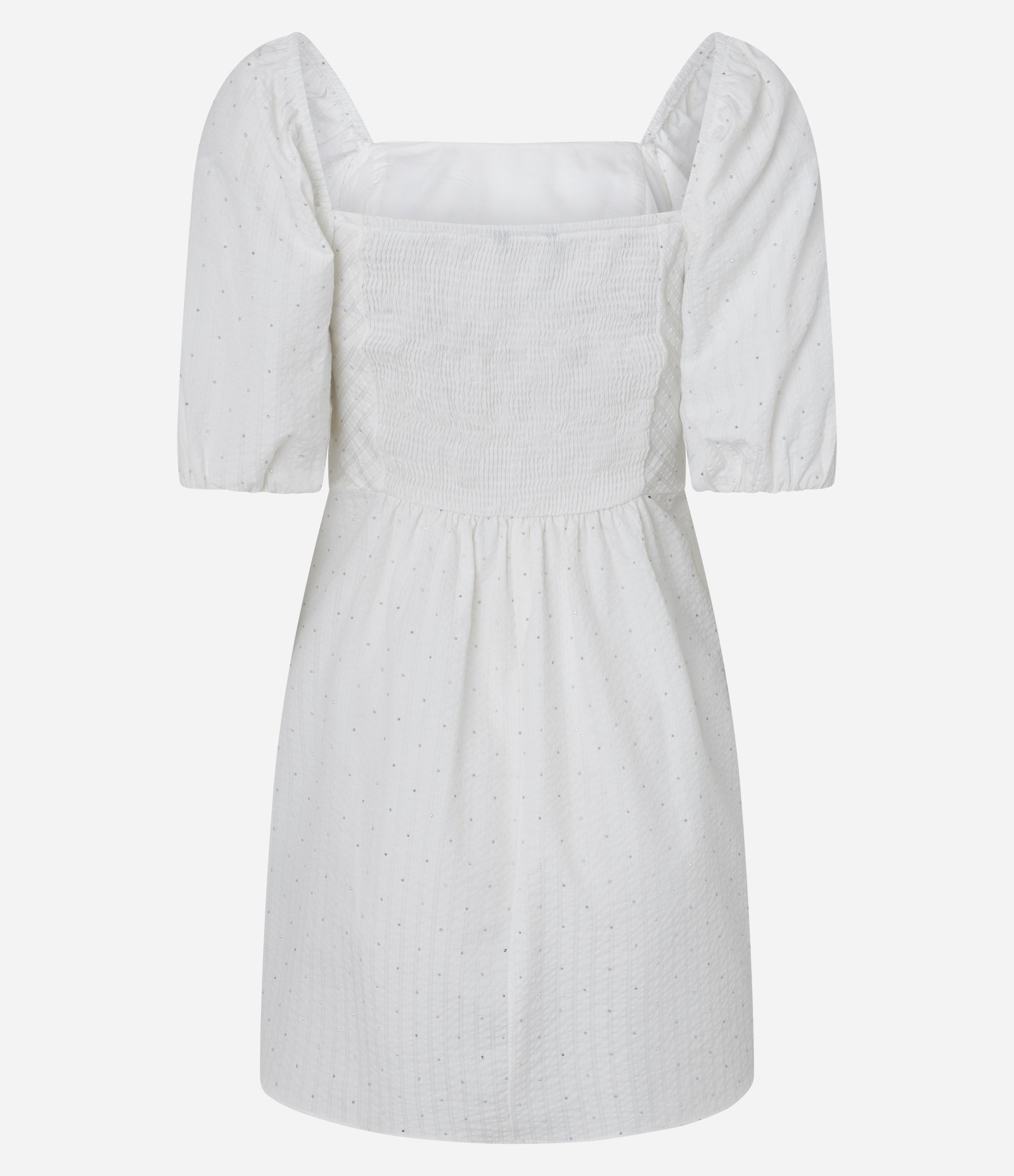 Vestido Curto em Tricoline Listrado com Manga Bufante e Brilhinhos Branco 3