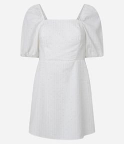 Vestido Curto em Tricoline Listrado com Manga Bufante e Brilhinhos