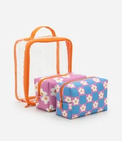 Kit 03 Nécessaires com Alça de Mão e Estampa Floral