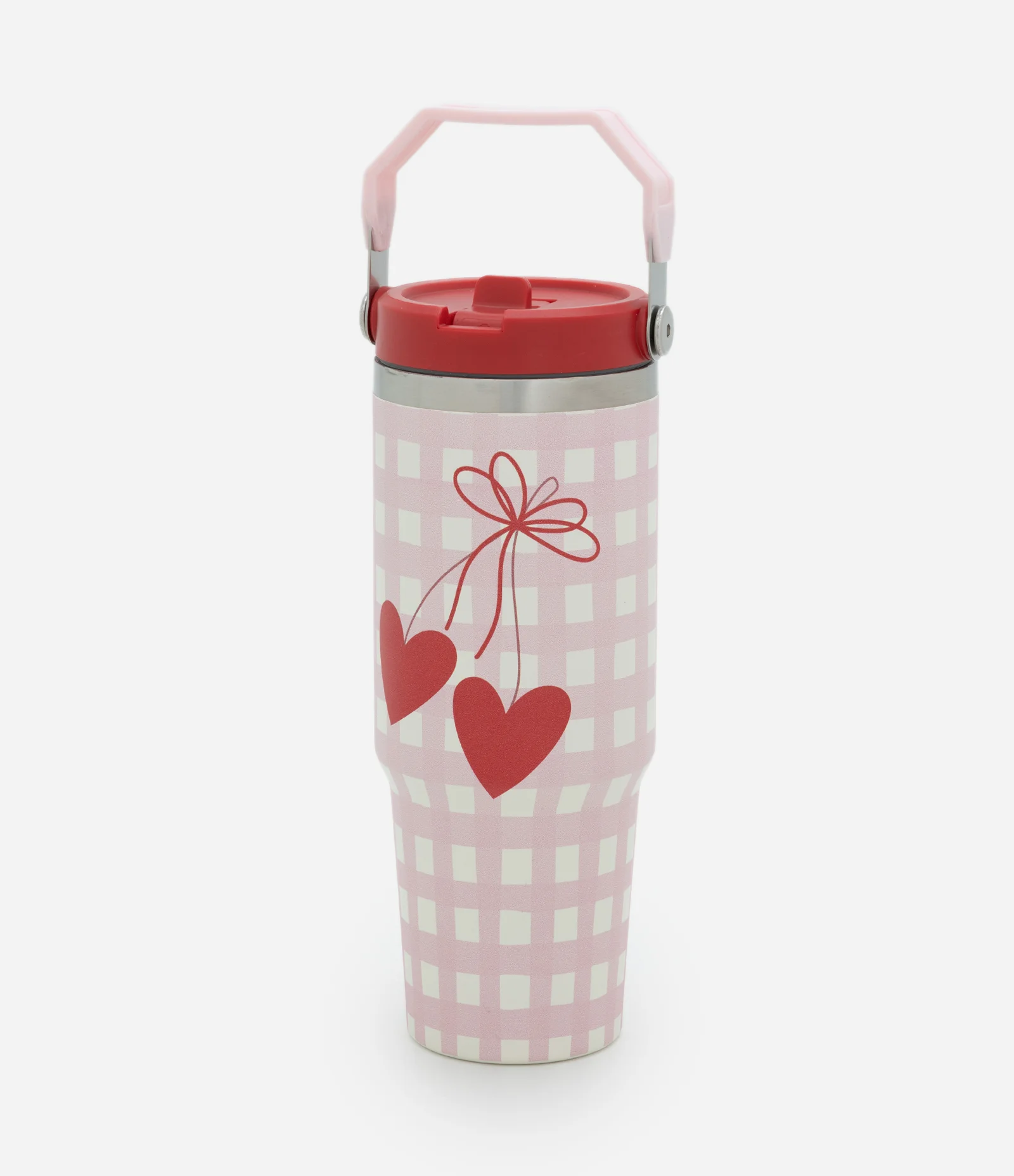 Copo Térmico com Alça e Estampa Xadrez 900ml Rosa 1