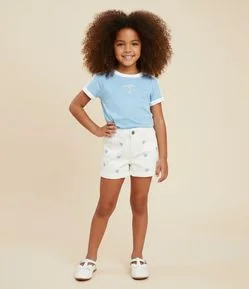 Short Infantil em Jeans Clochard com Estampa de Corações – Tam 5 a 14 Anos