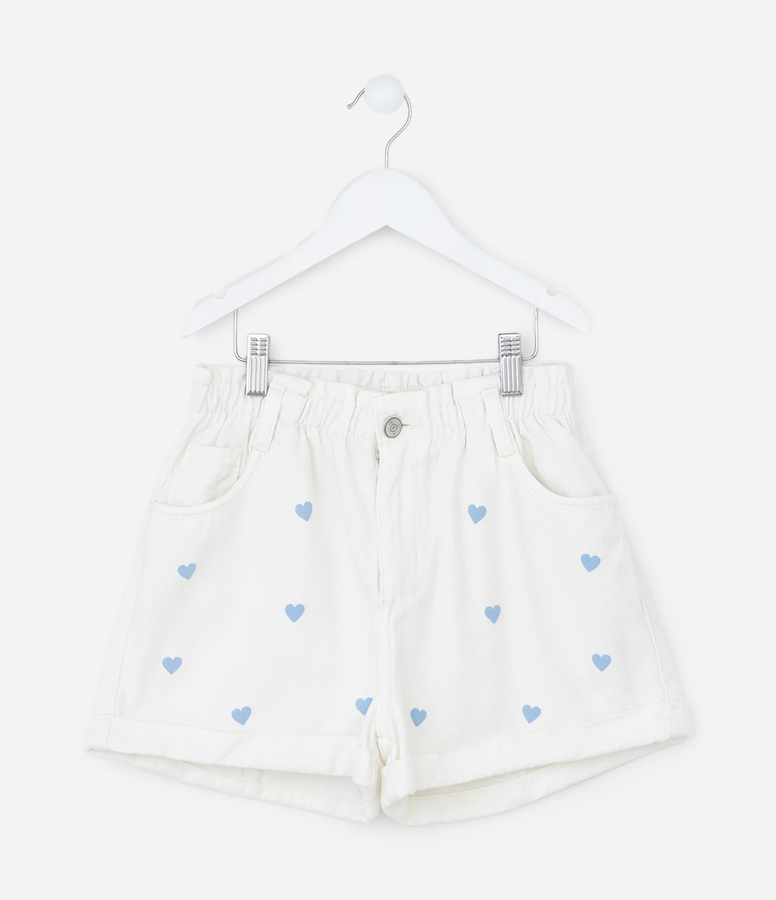 Short Infantil em Jeans Clochard com Estampa de Corações – Tam 5 a 14 Anos Branco 1