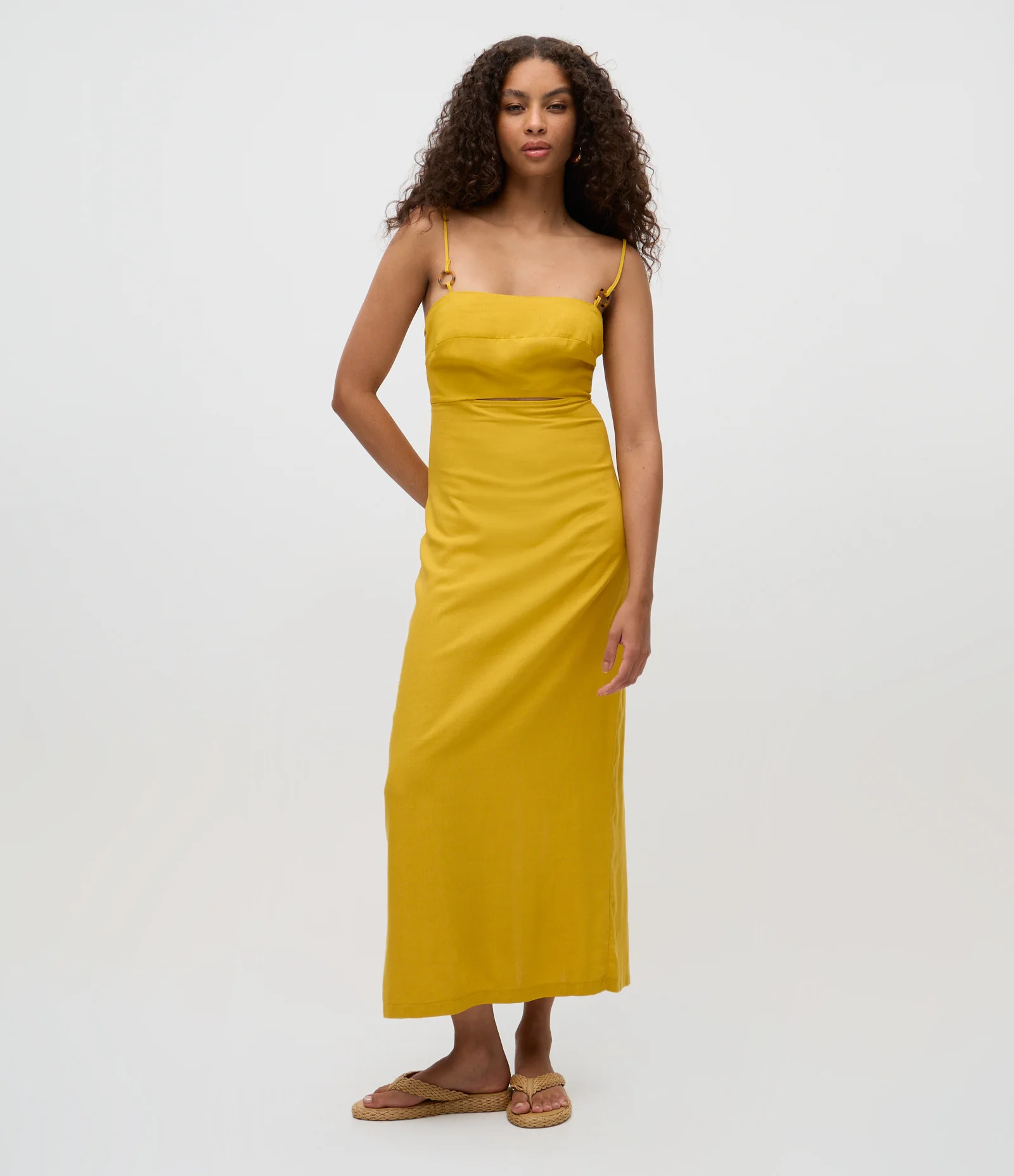Vestido Long Midi em Viscolinho com Fenda Amarelo 1