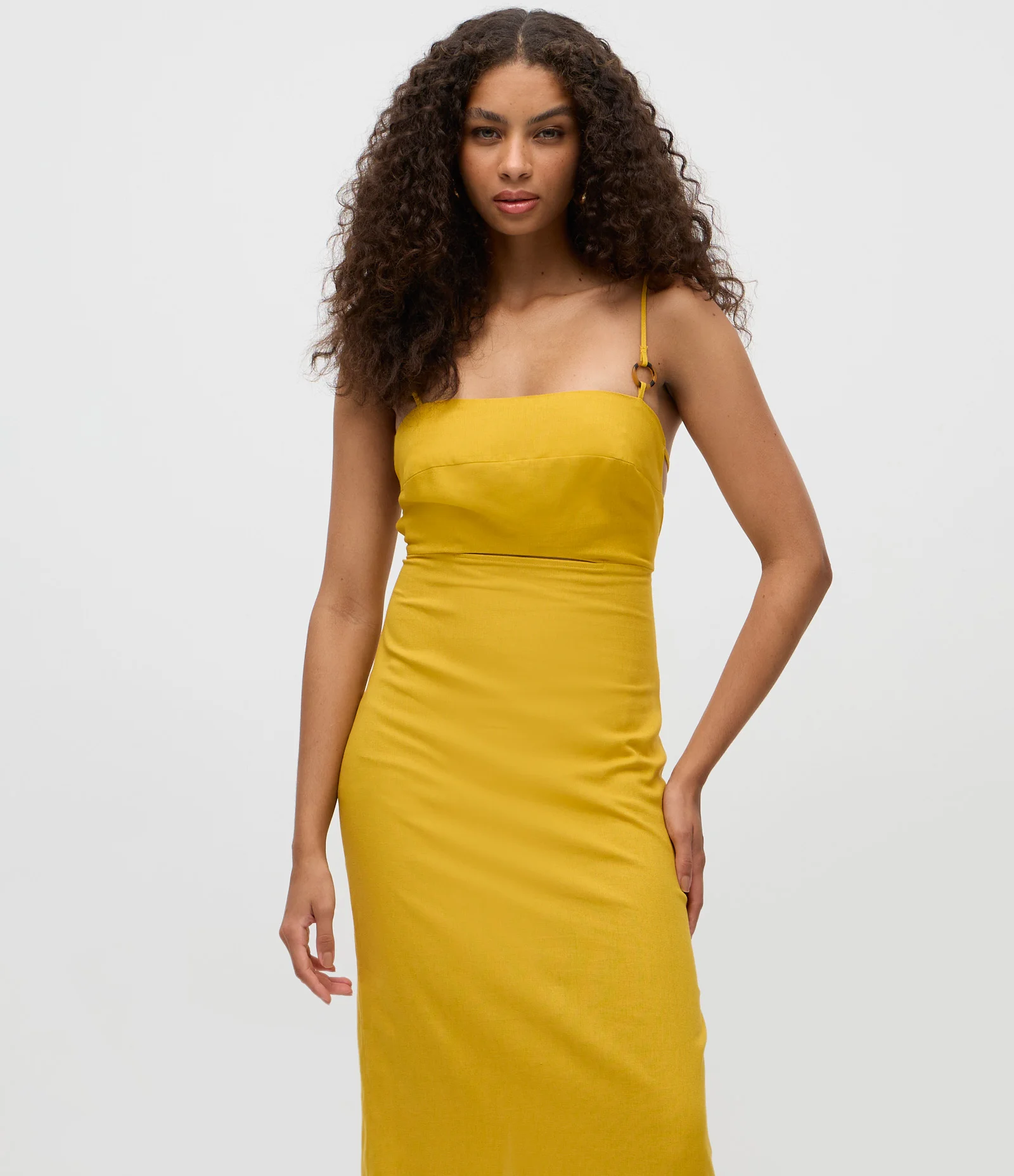 Vestido Long Midi em Viscolinho com Fenda Amarelo 2