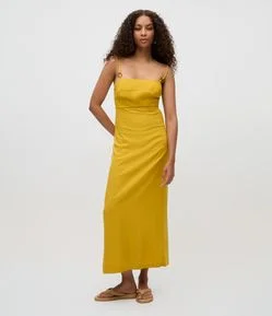 Vestido Long Midi em Viscolinho com Fenda