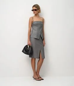 Saia Midi Risca de Giz com Fenda Frontal