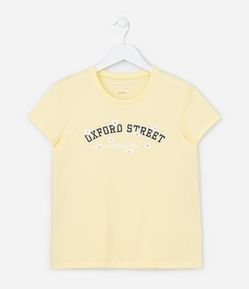 Camiseta Infantil Slim com Lettering Oxford Street e Flores - Tam 5 a 14 Anos