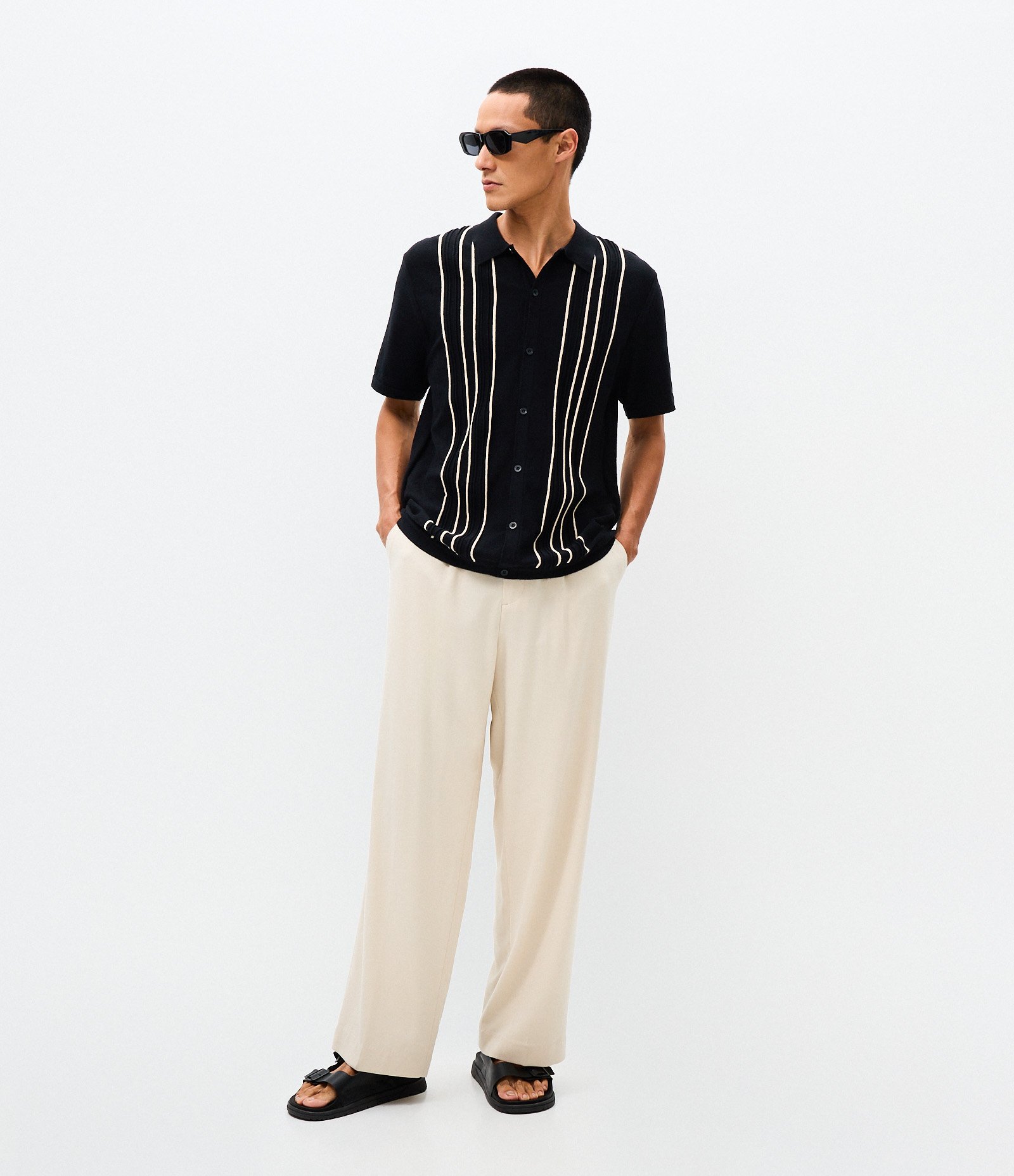 Camisa Masculina Manga Curta Tricô Listras Barradas Preto 2