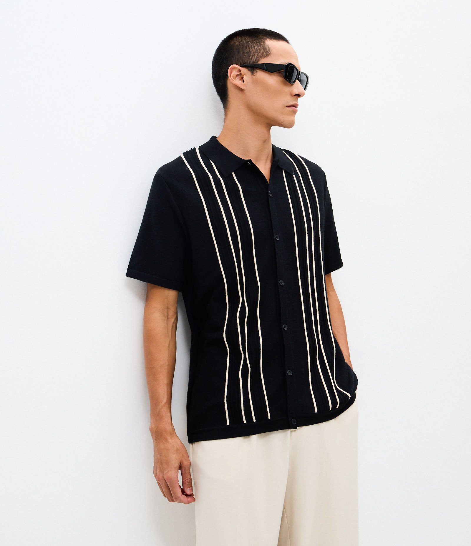 Camisa Masculina Manga Curta Tricô Listras Barradas Preto 4