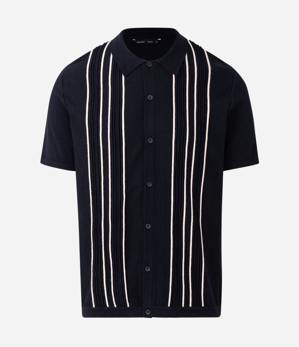 kinema jacquard striped shirt かわしまたかひろ Camisa Masculina Manga Curta Tricô Listras Barradas Preto
