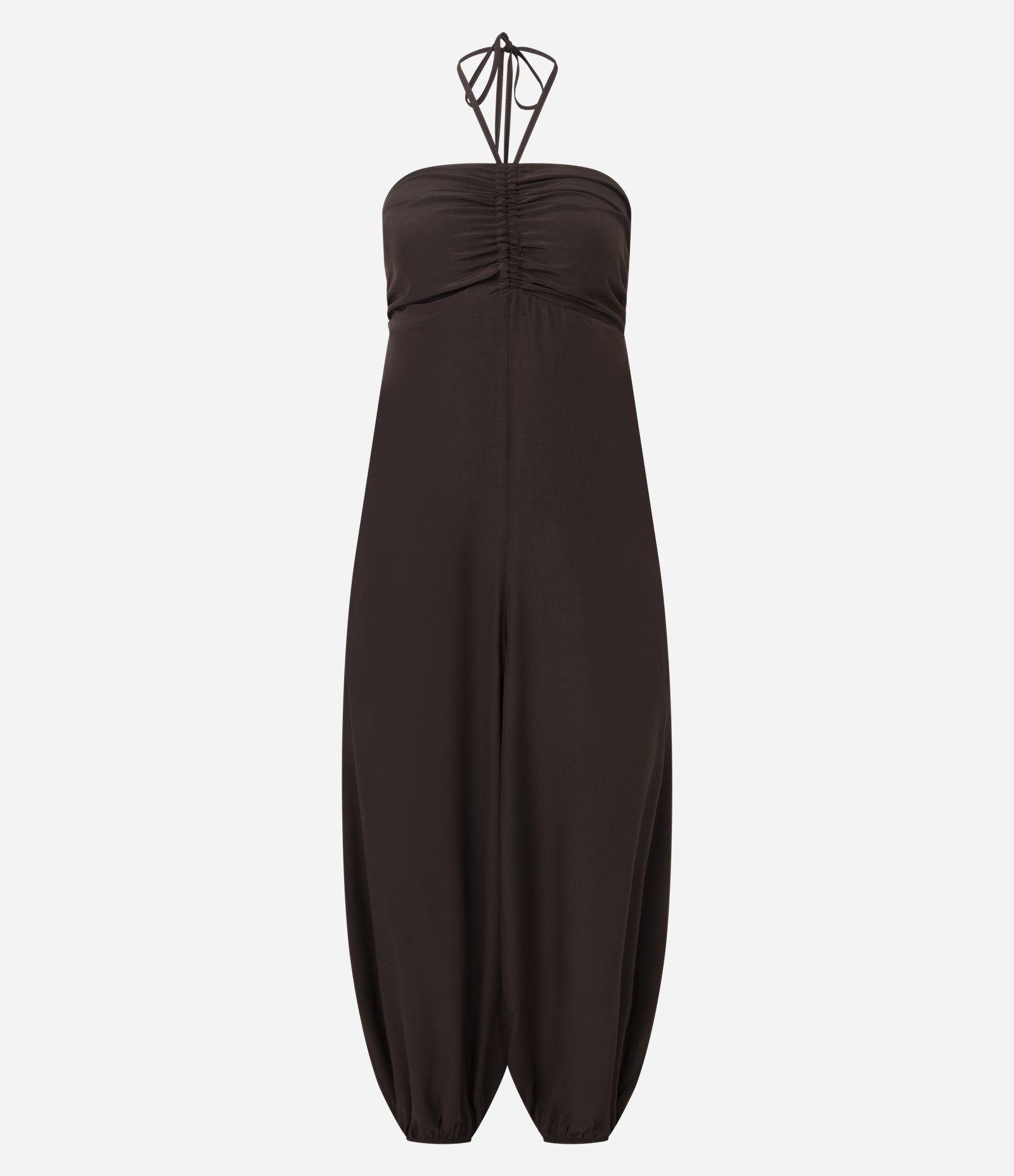 Macacão Boho Aladim Frente Única em Viscose com Busto Franzido Marrom Terra 5