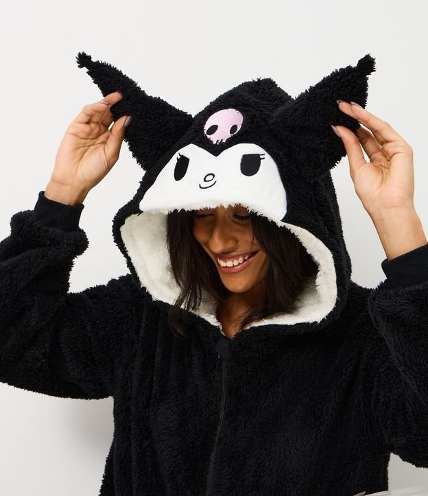 Macacão de Pijama em Fleece com Capuz Kuromi Preto