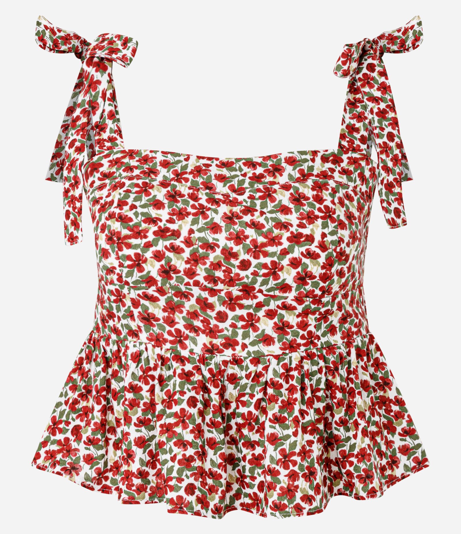 Blusa Peplum Floral com Alça de Amarração Vermelho 1