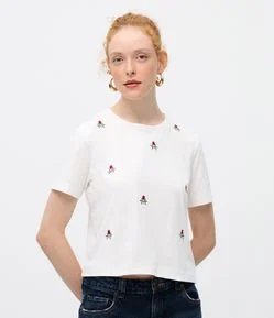 Camiseta em Algodão com Bordados de Florzinhas
