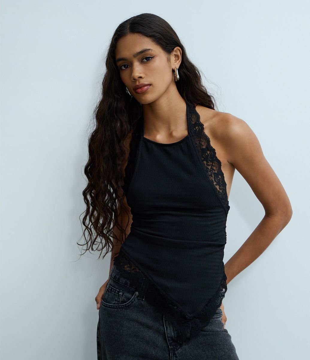 Blusa Frente Única com Renda e Texturizada Preto