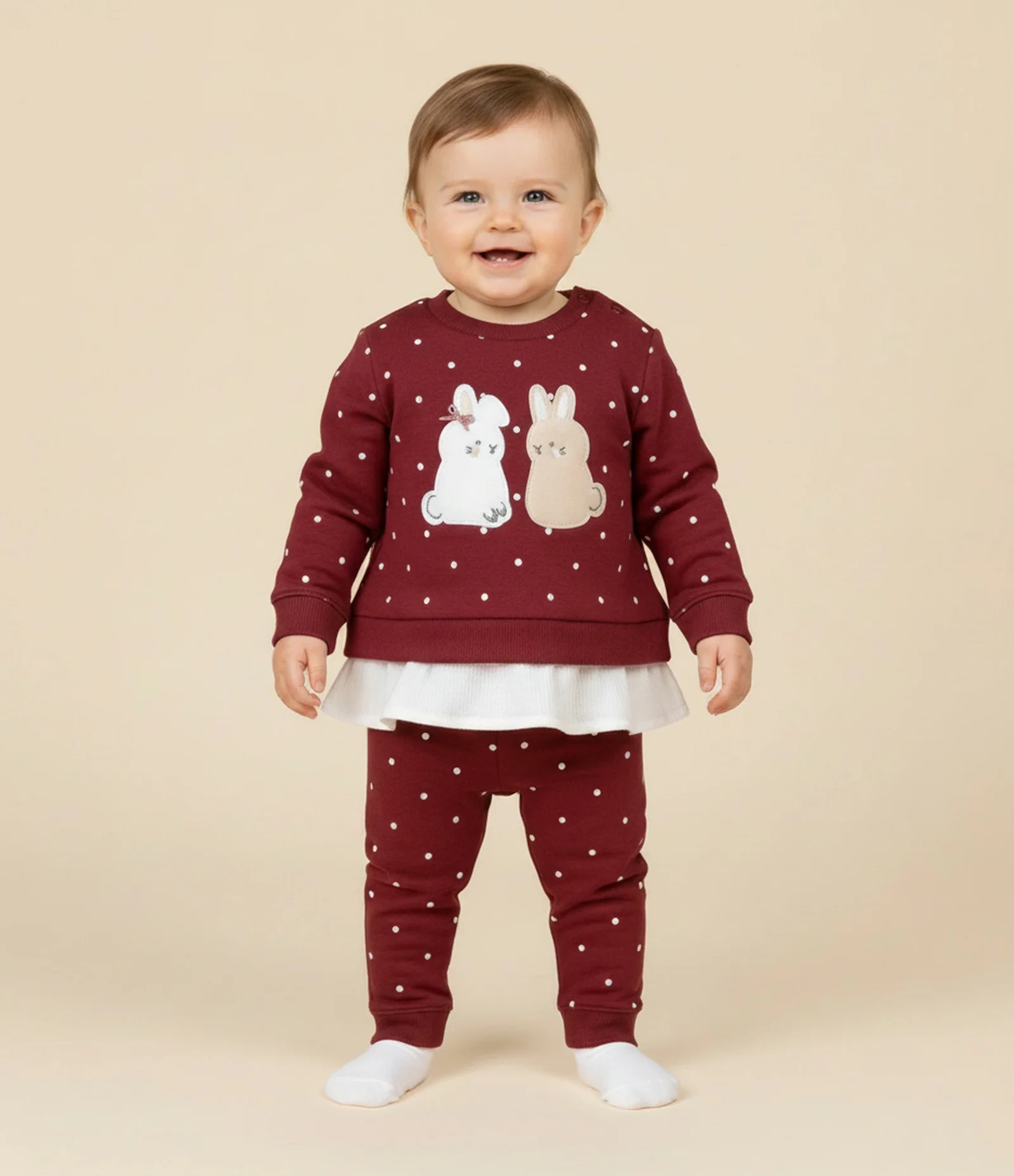 Conjunto Infantil com Coelhinhos Aplicados e Calça Poá – Tam 0 a 18 Meses Vermelho 1