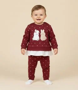Conjunto Infantil com Coelhinhos Aplicados e Calça Poá – Tam 0 a 18 Meses