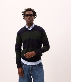 Suéter Masculino Retilínea Listrado em Blocos com Gola Polo