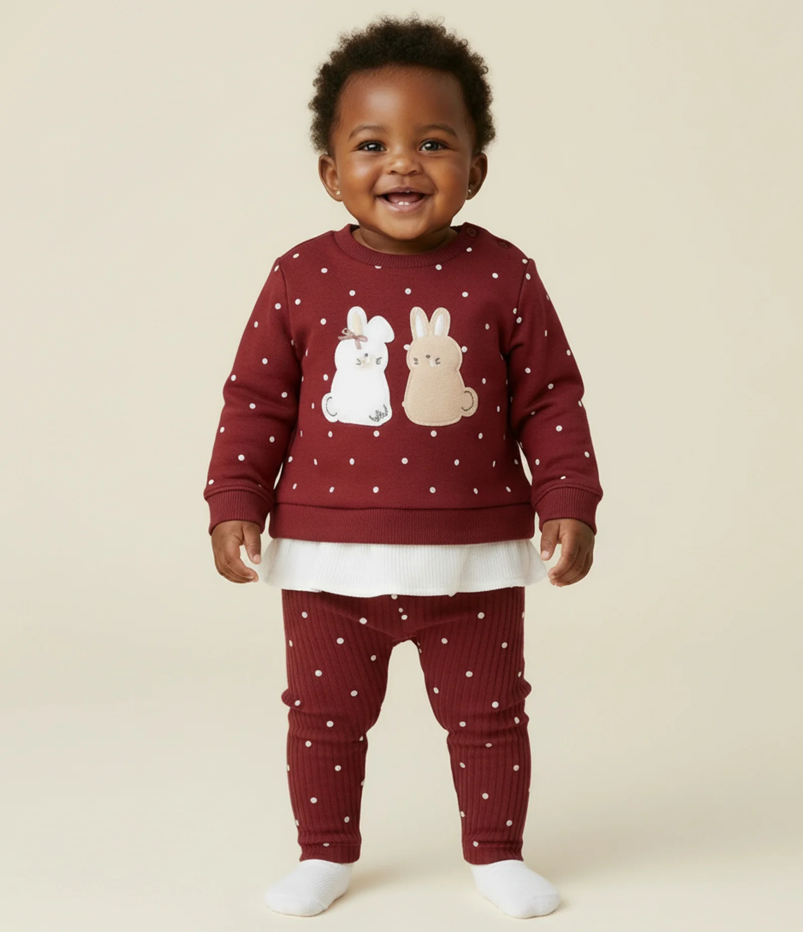 Conjunto Infantil em Moletom com Coelhinhos e Legging Poá – Tam 0 a 18 Meses Vermelho 1