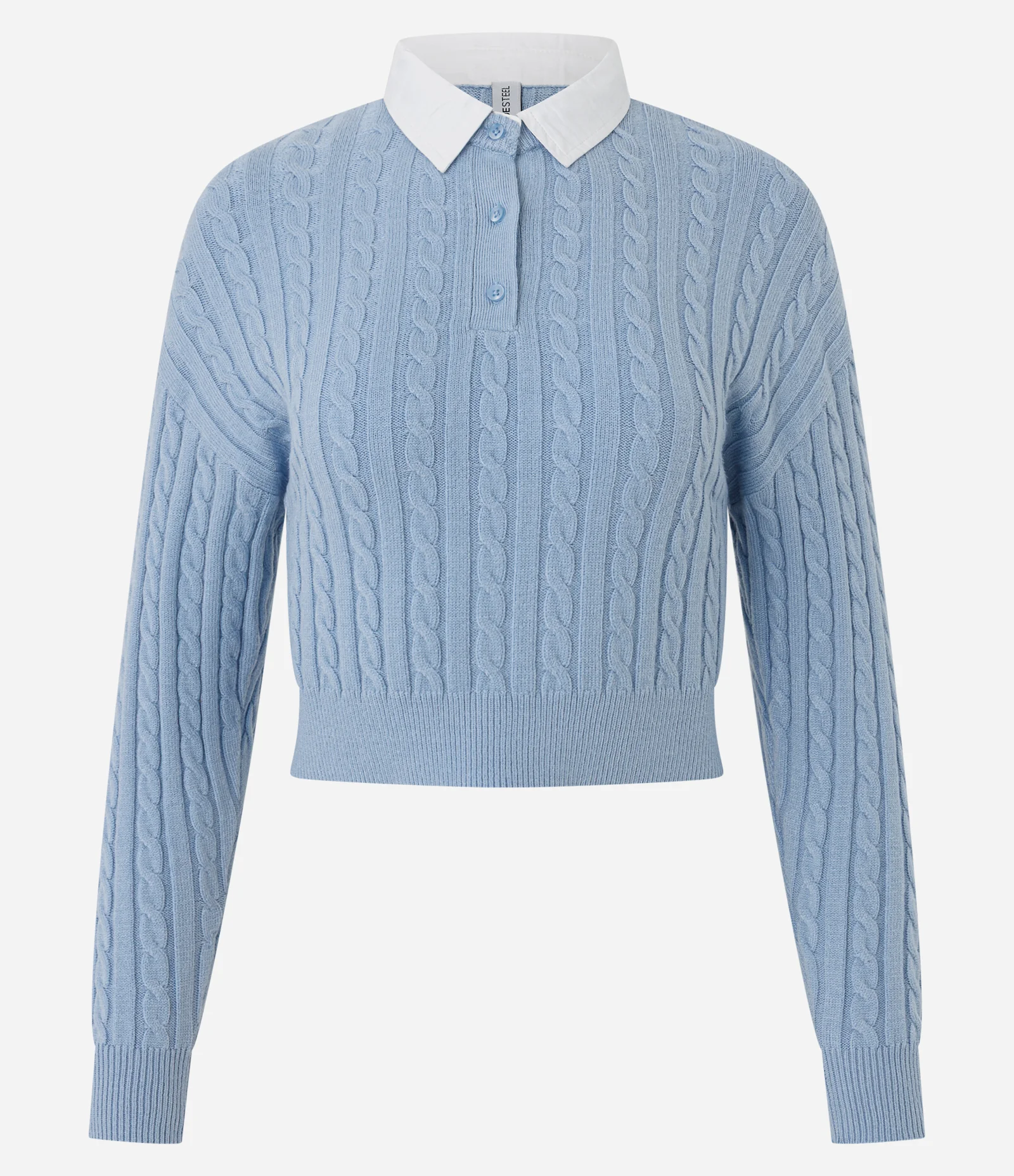 Blusão Cropped em Tricô com Gola Polo Contrastante Azul 1