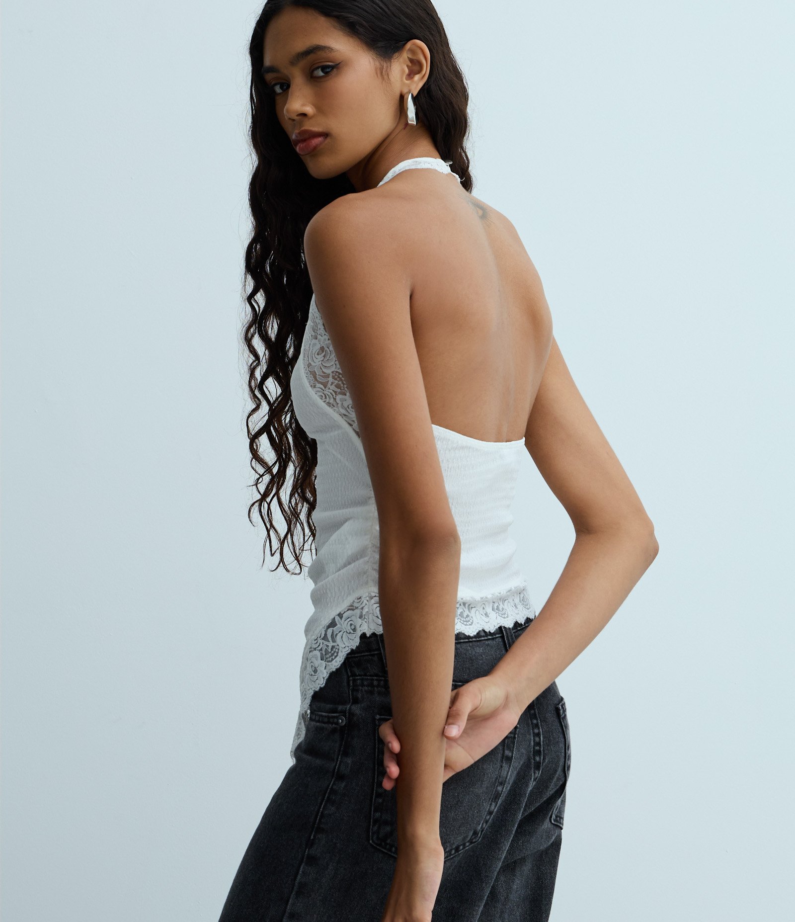 Blusa Frente Única com Renda e Texturizada Branco 3