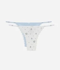 Kit 02 Calcinhas String Fio Duplo em Algodão Floral com Renda