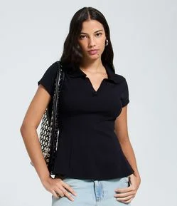 Blusa Peplum em Ribana com Gola Polo