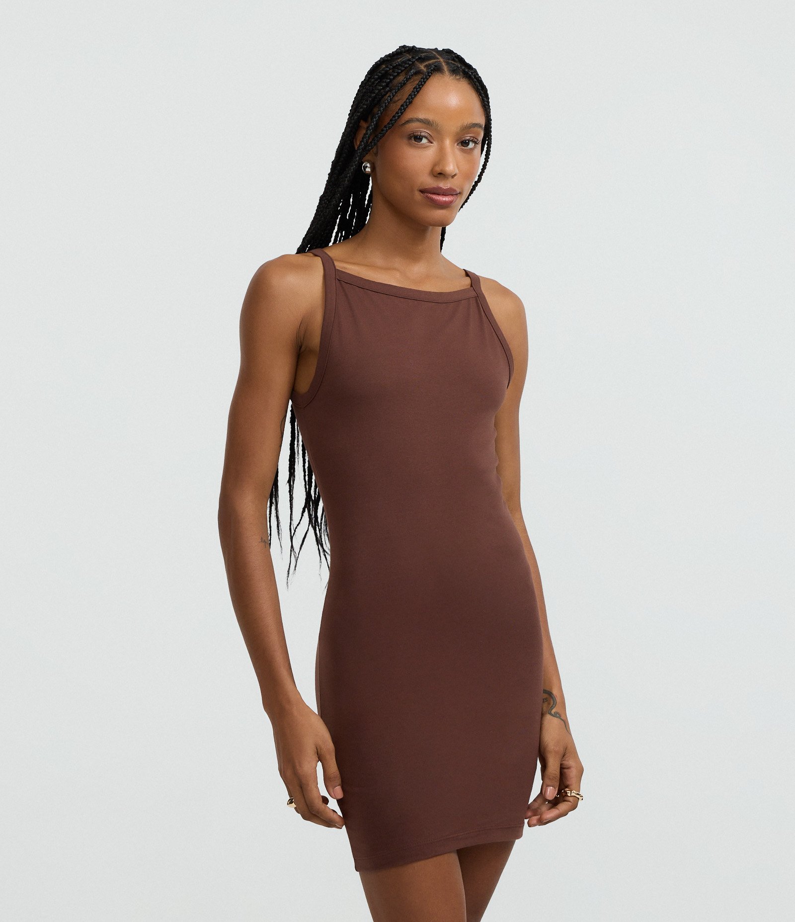 Vestido Curto em Algodão com Decote Canoa Marrom 1