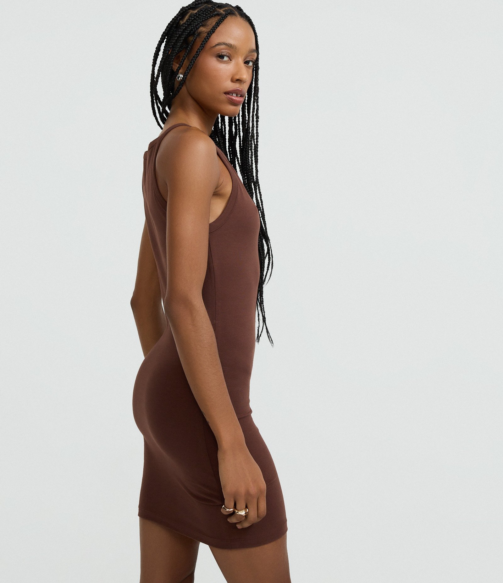 Vestido Curto em Algodão com Decote Canoa Marrom 3