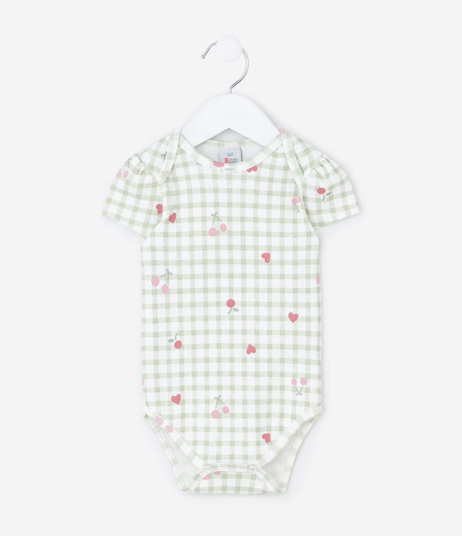 Body Infantil em Vichy com Estampa de Cerejinhas – Tam RN a 18 Meses Verde/Branco 1
