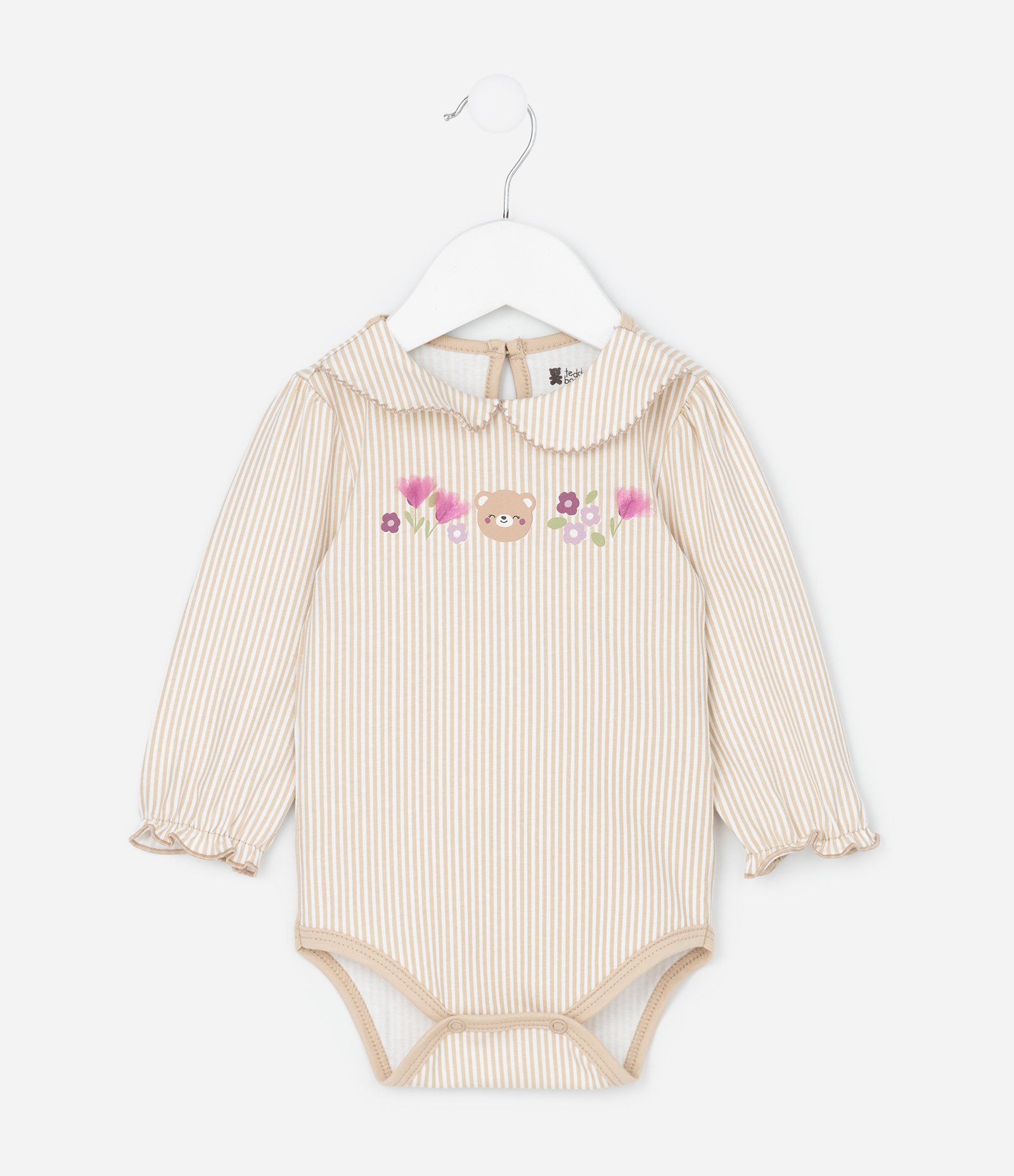 Body Infantil Listrado com Flor em Organza – Tam 0 a 18 Meses Bege/Branco 1