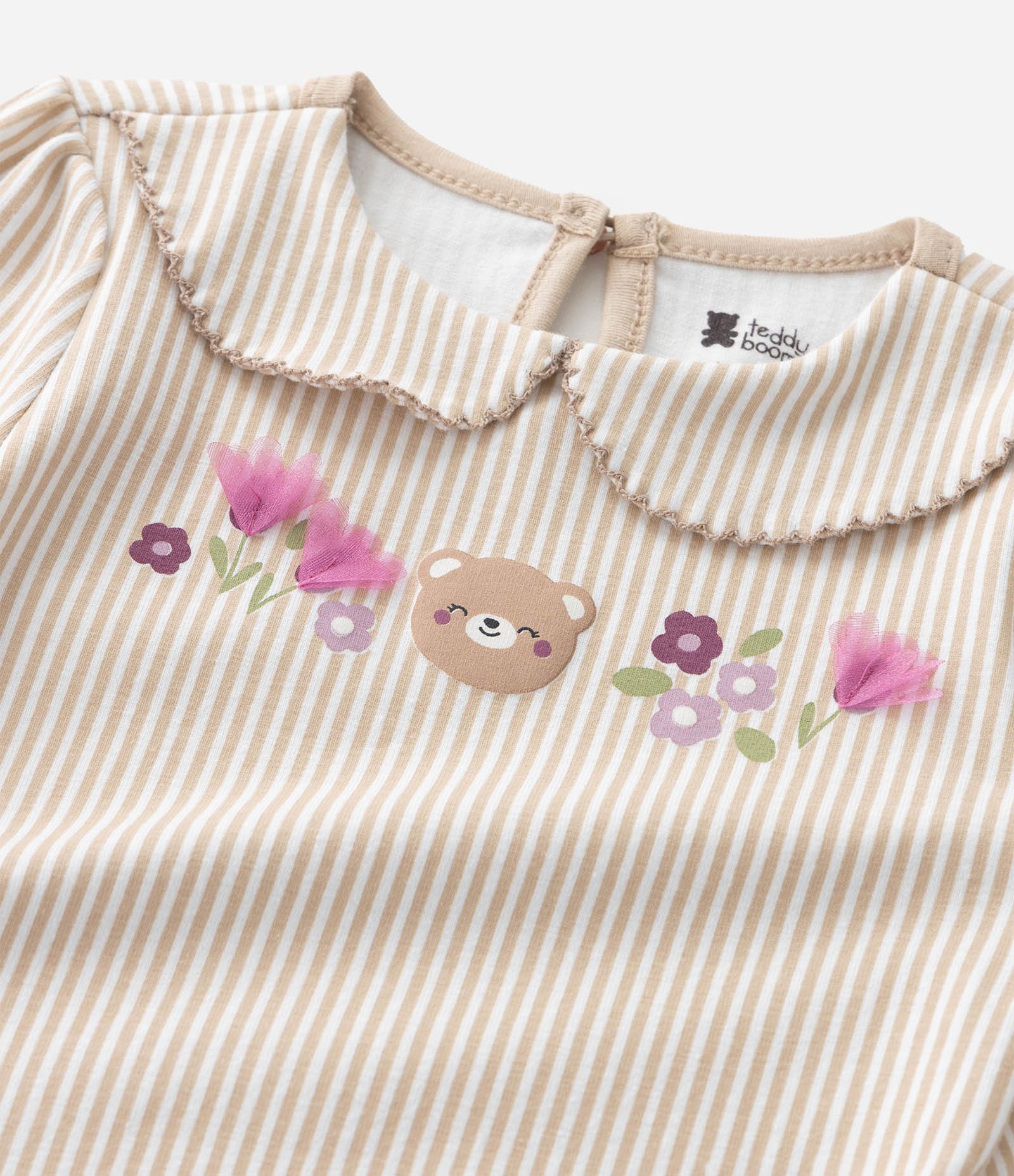 Body Infantil Listrado com Flor em Organza – Tam 0 a 18 Meses Bege/Branco 7