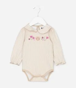Body Infantil Listrado com Flor em Organza – Tam 0 a 18 Meses