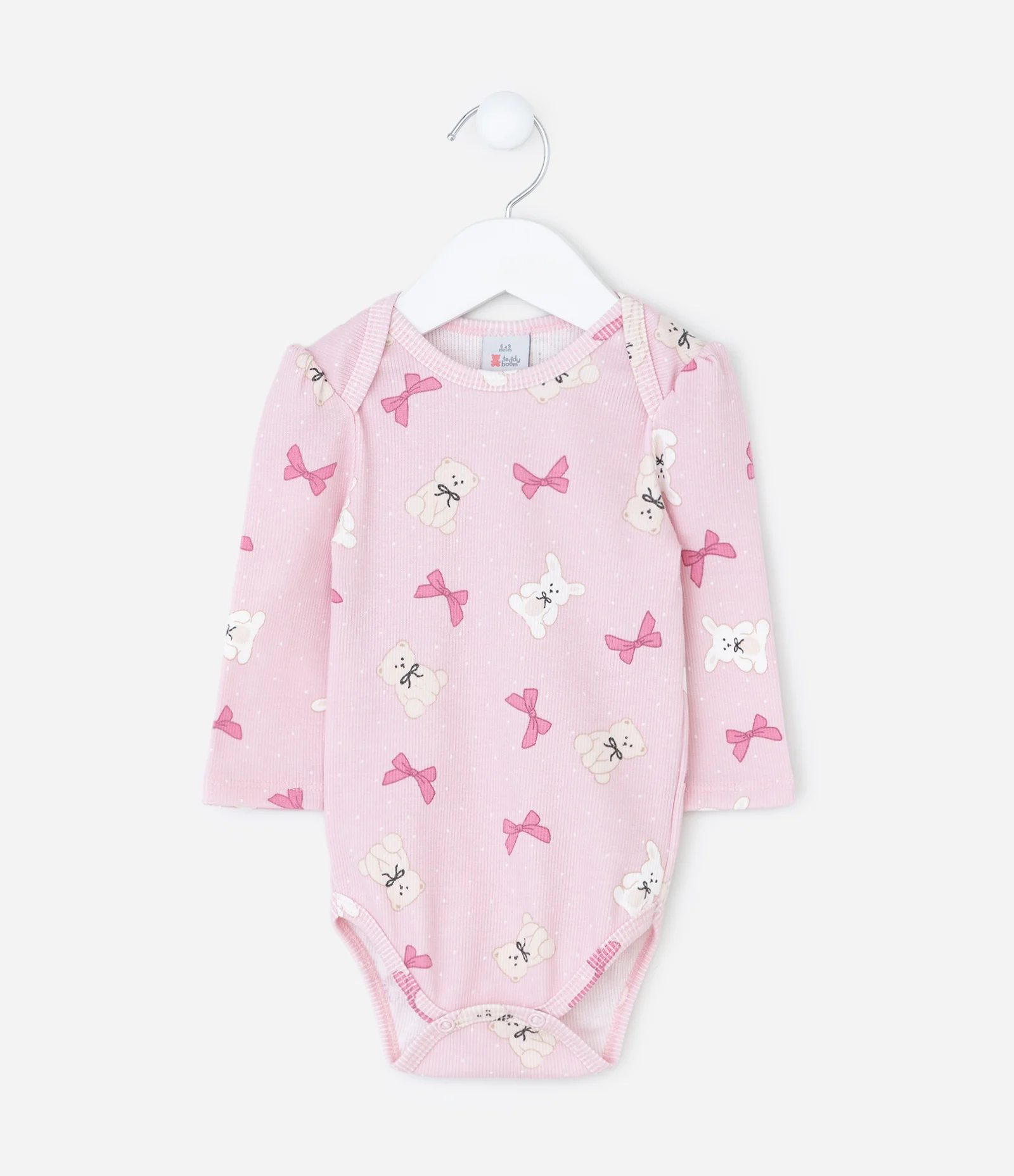 Body Infantil em Ribana com Laços e Bichinhos – Tam RN a 18 Meses Rosa Claro 1