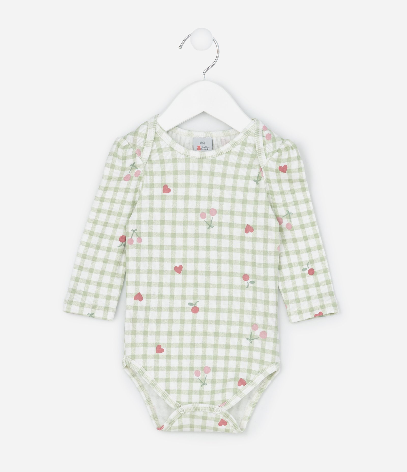 Body Infantil em Vichy com Estampa de Cerejinhas – Tam RN a 18 Meses Verde/Branco 1