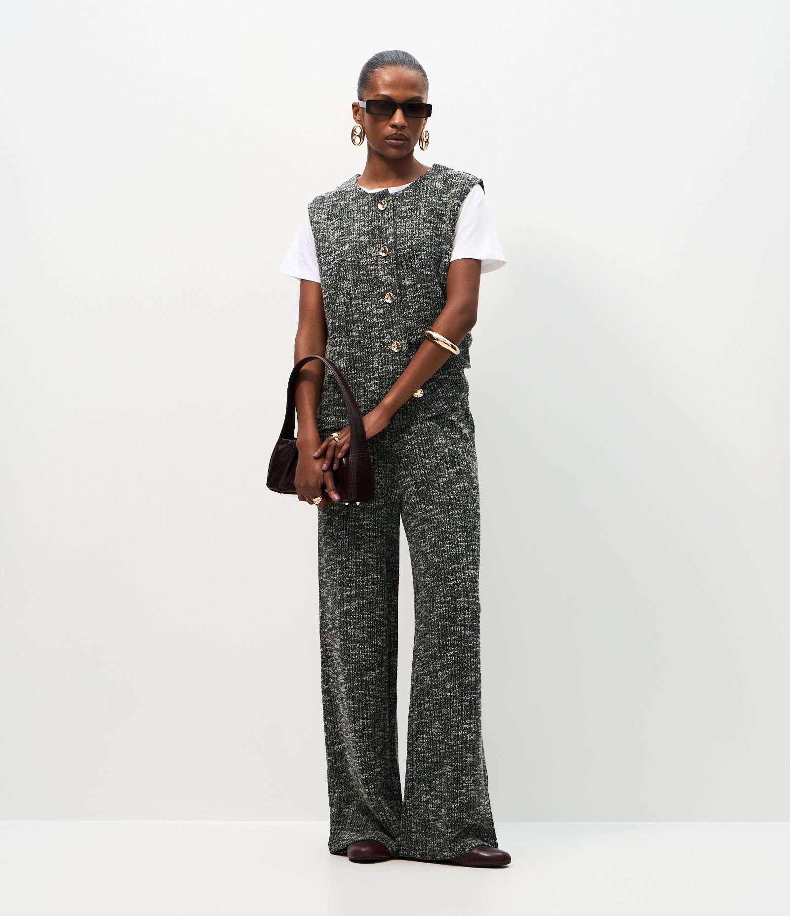 Calça Reta em Tweed com Textura Mesclada Cinza 1