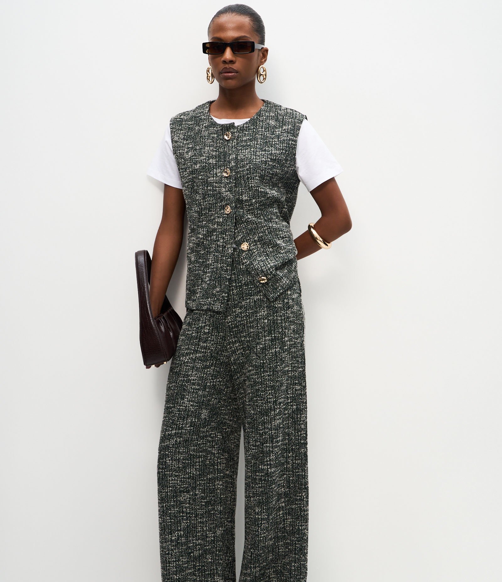 Calça Reta em Tweed com Textura Mesclada Cinza 2
