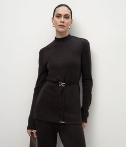Blusa Alongada em Piquet com Cintinho e Gola Alta