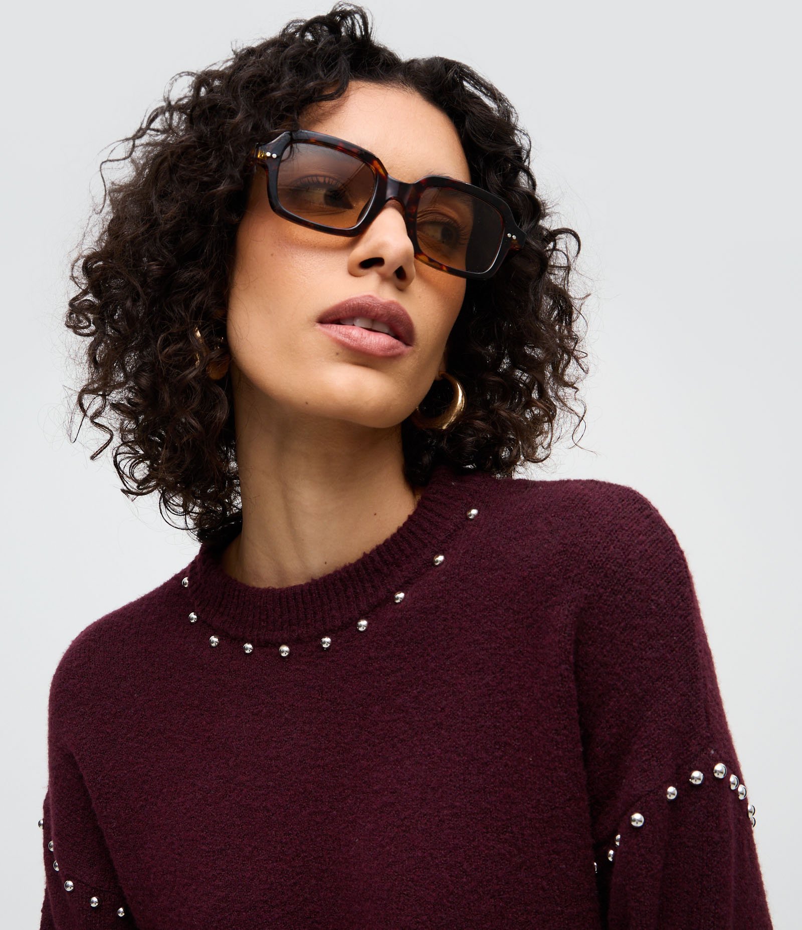 Blusa Regular em Tricô com Tachinhas na Gola Vinho 1
