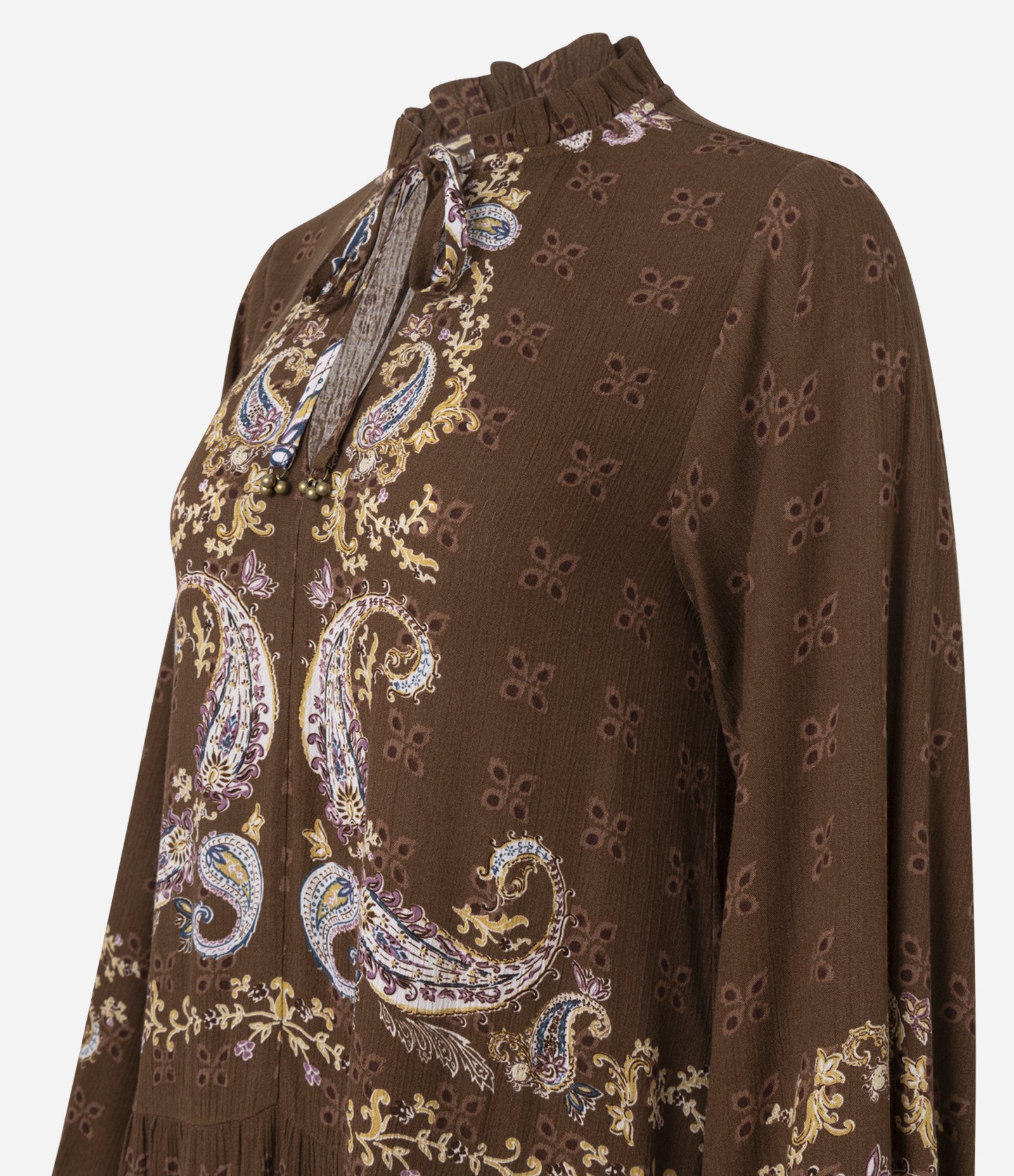 Vestido Midi em Viscose com Gola Alta e Estampa Paisley Marrom 6