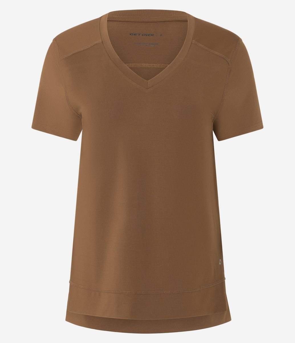 Camiseta Esportiva em Microfibra Furadinha com Barra Mullet Marrom