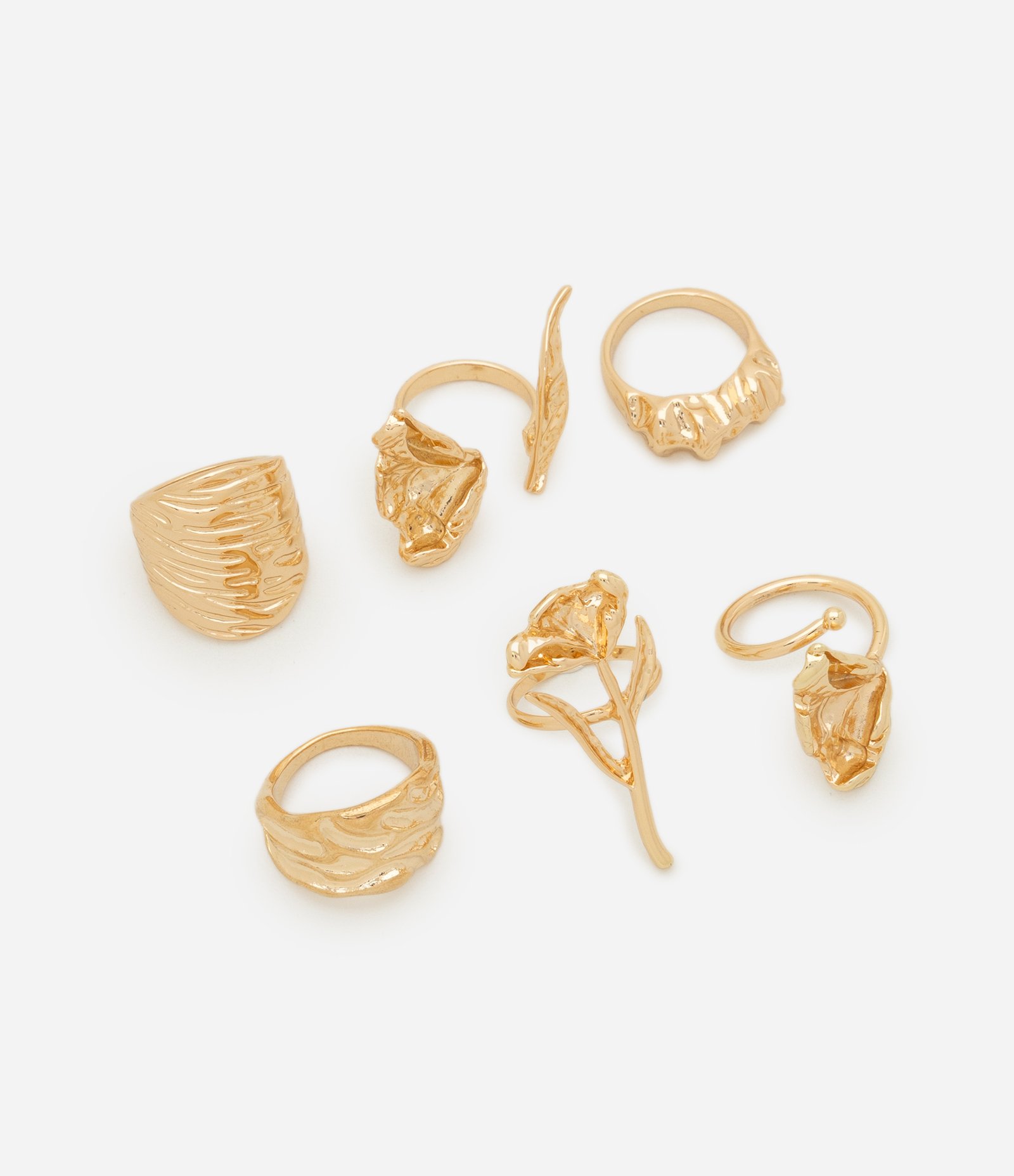 Kit 06 Anéis Metalizados com Texturas Diferentes Dourado 2