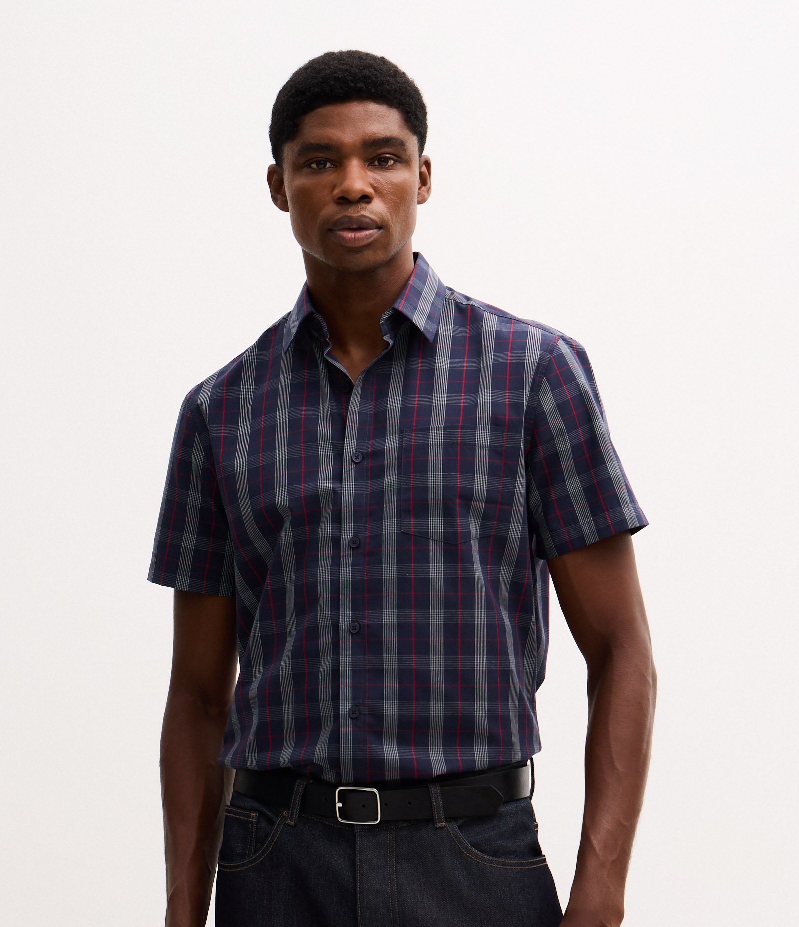 Camiseta Manga Curta em Tricoline Xadrez Azul 1