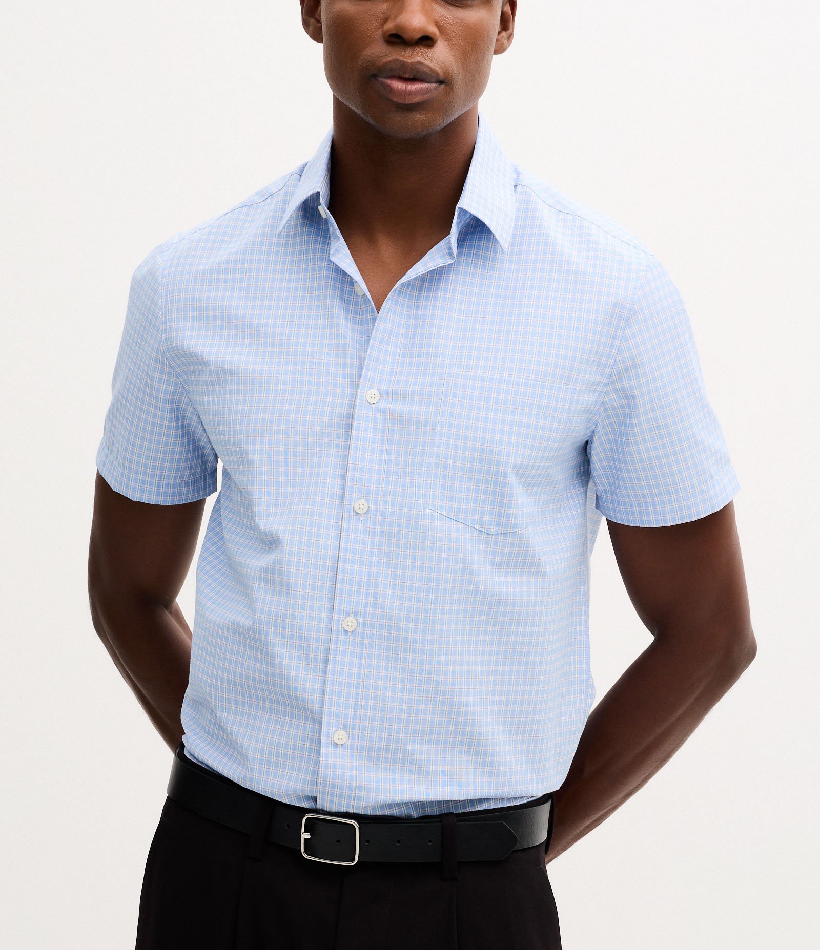 Camisa Manga Curta em Tricoline Xadrez Azul 3