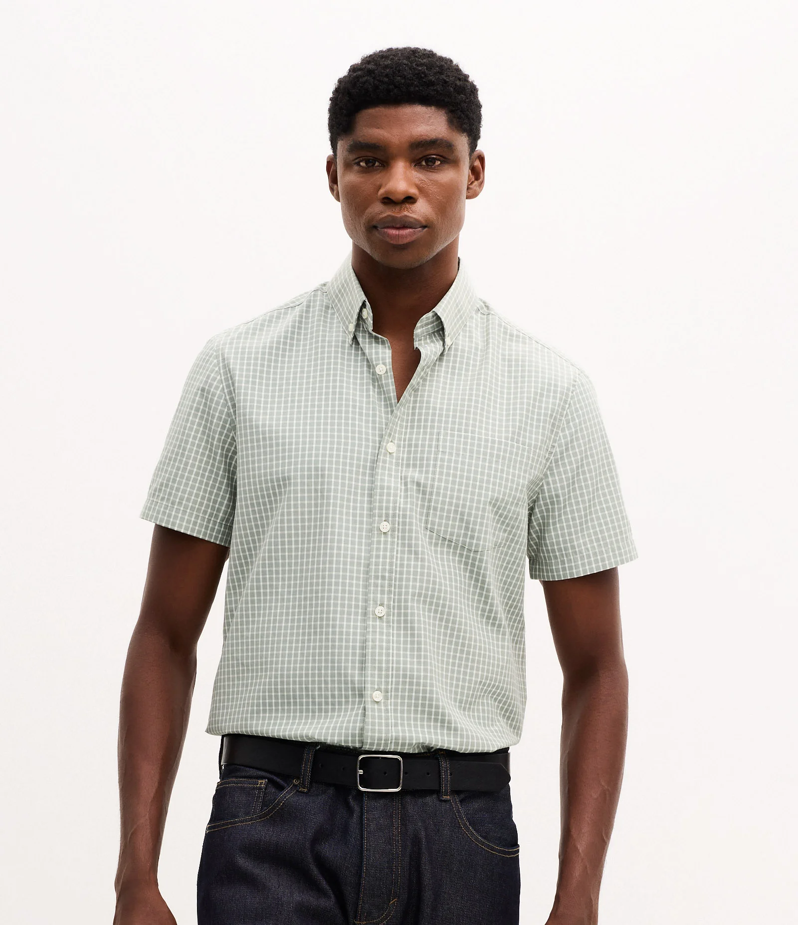 Camisa Manga Curta em Tricoline Xadrez Verde 1