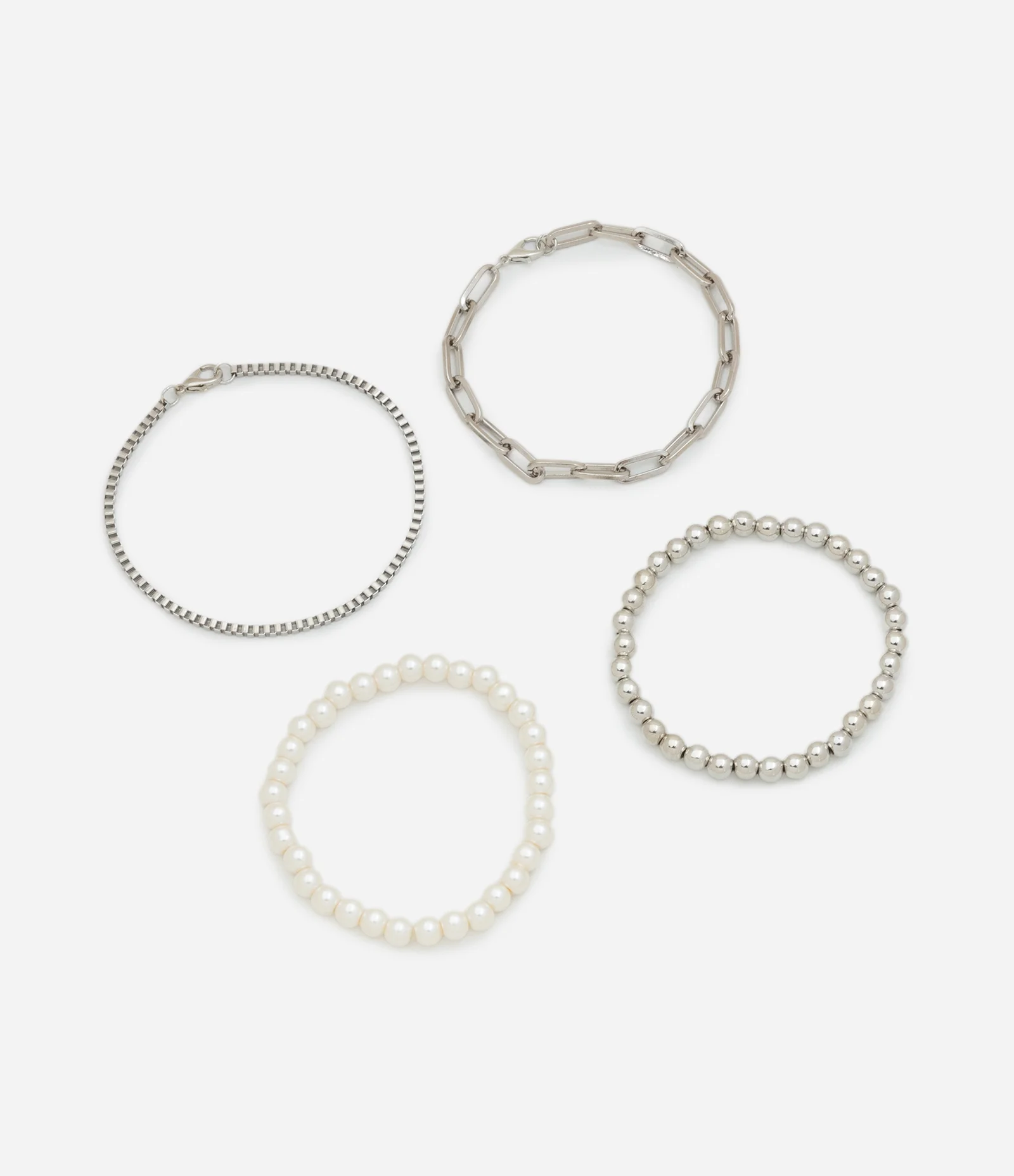 Kit 04 Pulseiras em Metal e Pérolas com Modelo Variados Prata 1