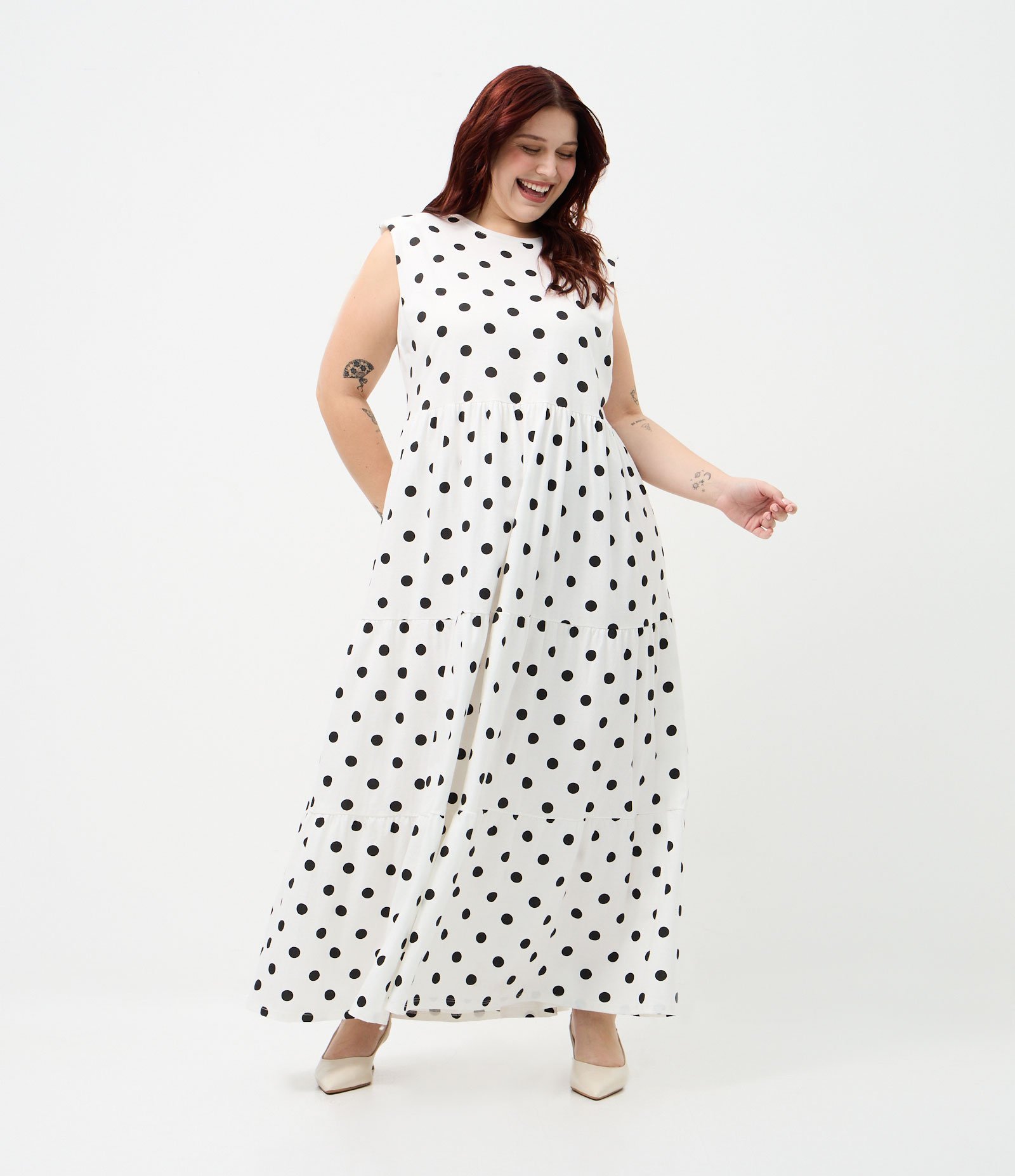Vestido New Midi em Algodão Poá Curve e Plus Size Off White 1