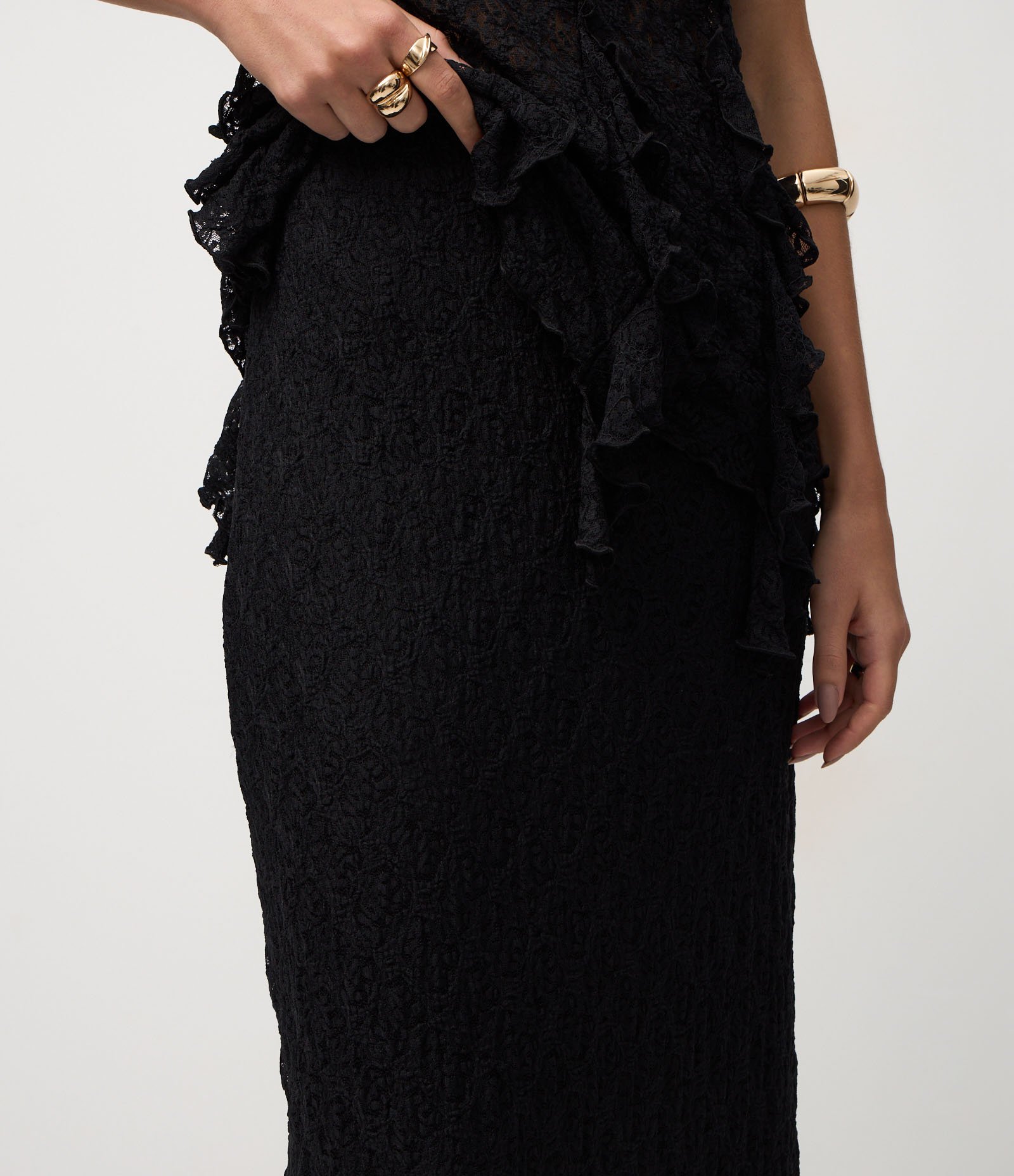 Saia Longa Rendada com Cós Elástico Preto 4