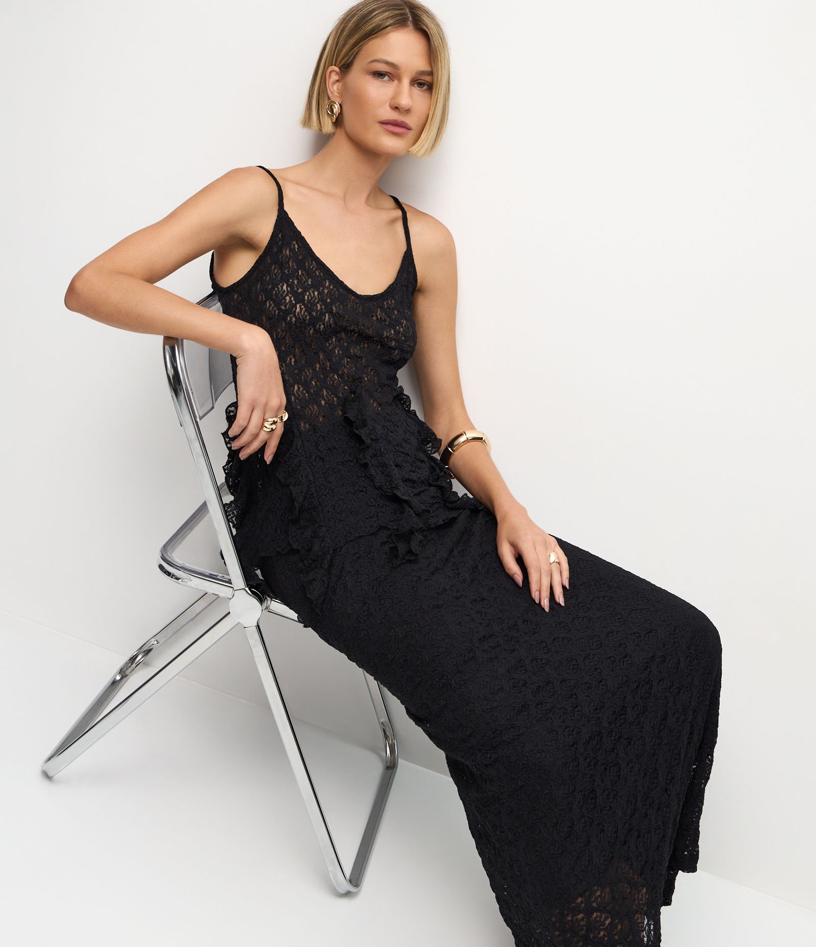 Saia Longa Rendada com Cós Elástico Preto 5